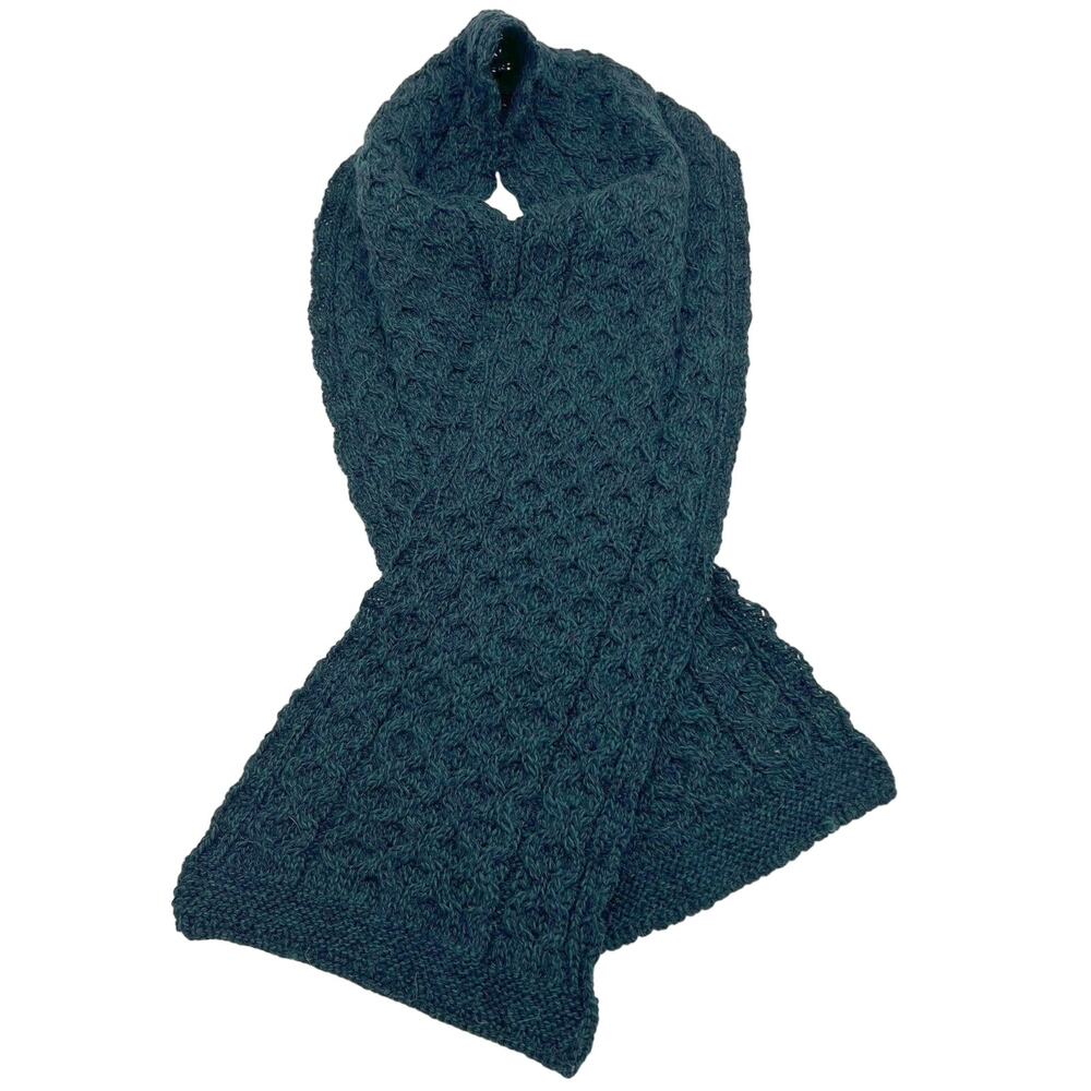 Aran Crafts Ireland Merino Wool Cable Knit Scarf Dark Teal Green Honeycomb